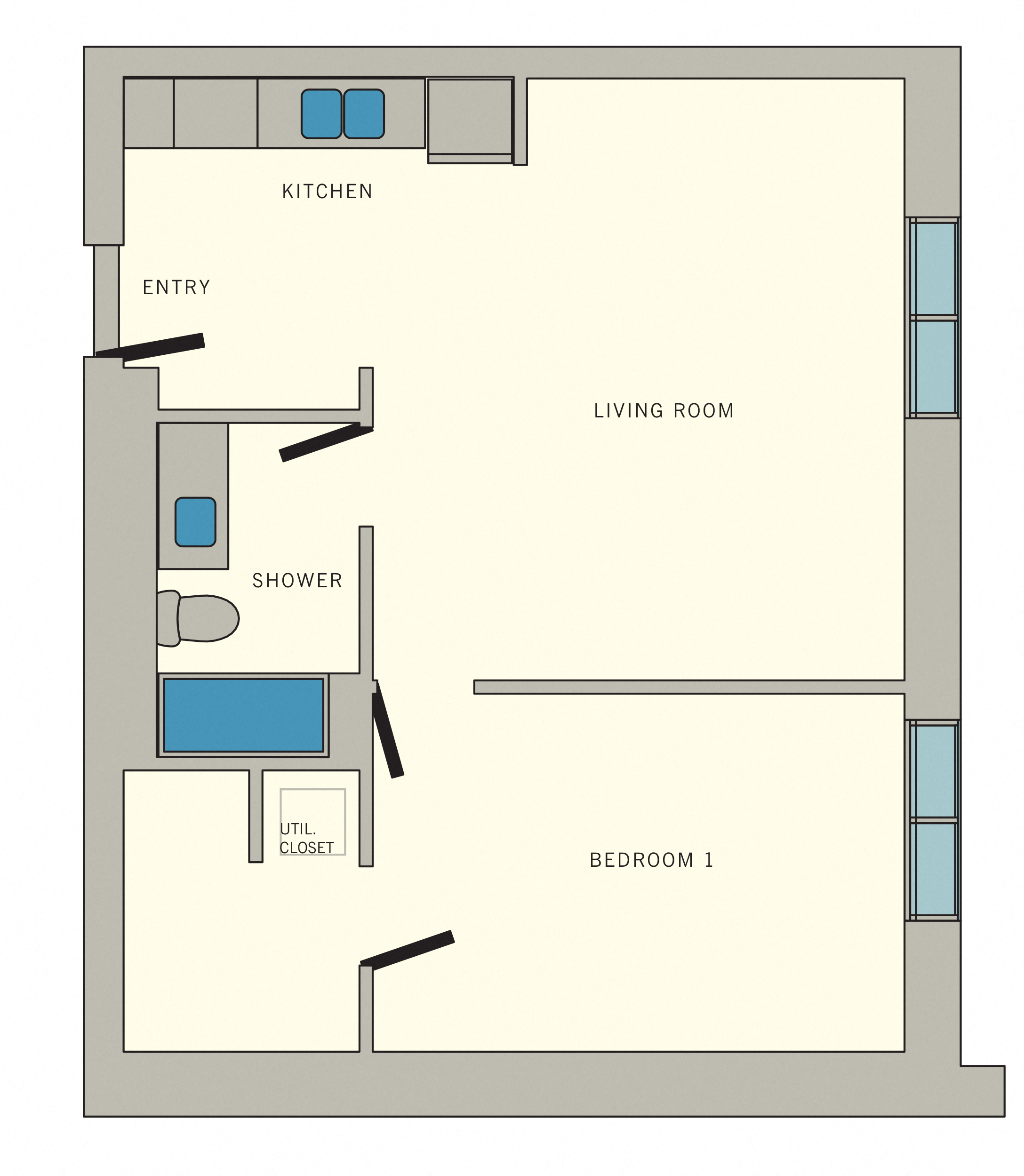 Floor plan for 1 bed, 1 bath, 740 sqft